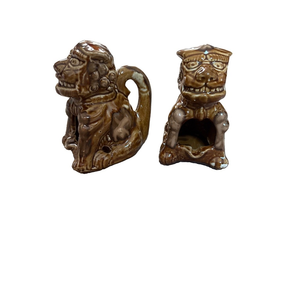 vintage pair 5.5" tall foo dog statues brown glazed ceramic guardian lions